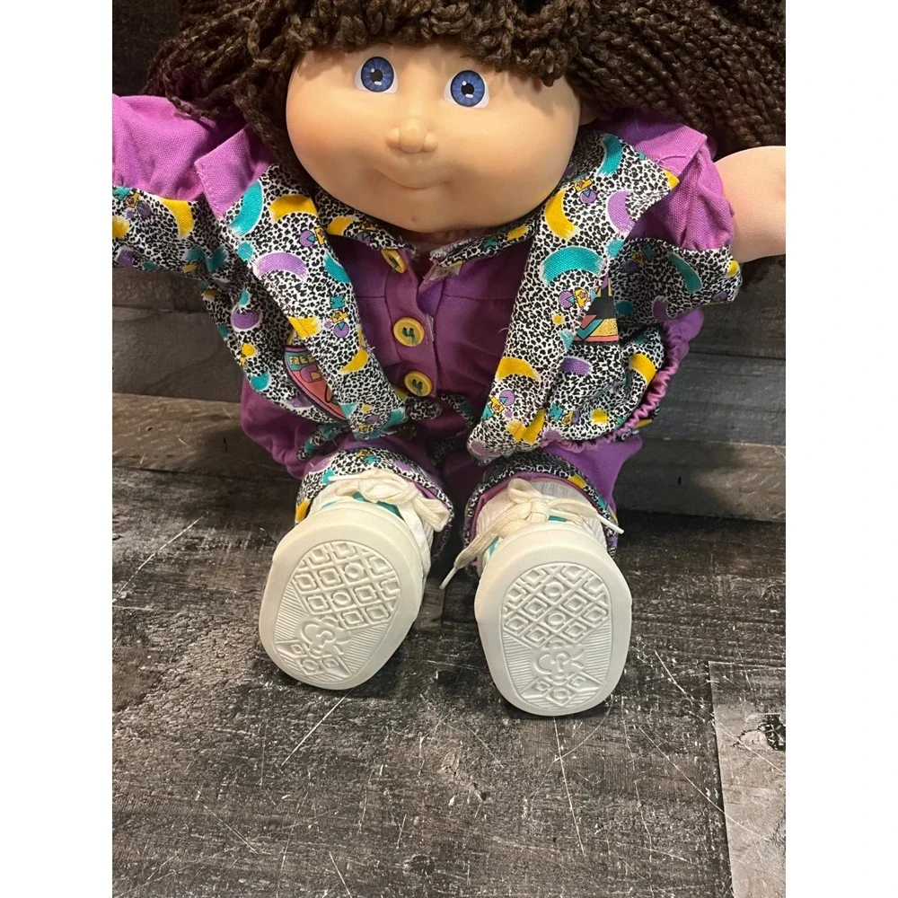Vintage Cabbage Patch Kids Doll 90s Brown Yarn Hair Blue Eyes Purple Outfit